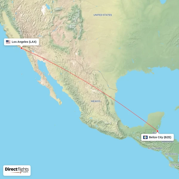 Belize City - Los Angeles direct flight map