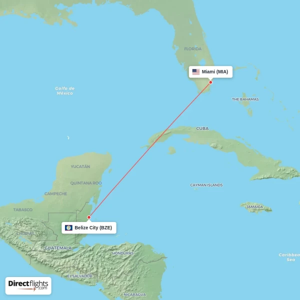Belize City - Miami direct flight map