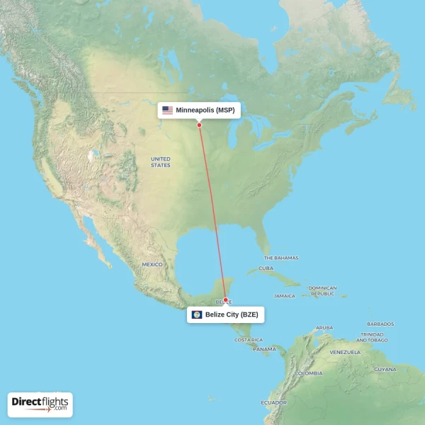 Belize City - Minneapolis direct flight map