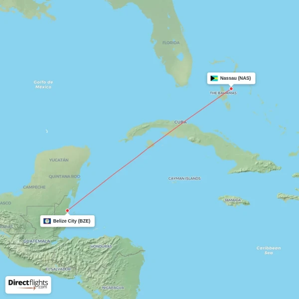 Belize City - Nassau direct flight map