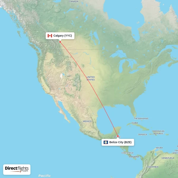 Belize City - Calgary direct flight map