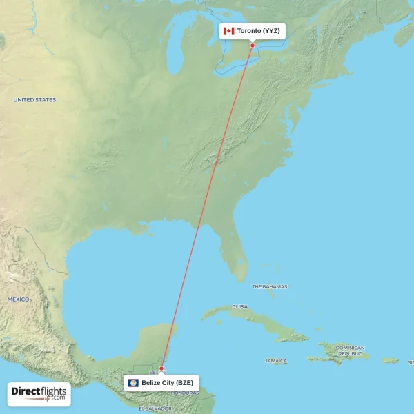 Belize City - Toronto direct flight map