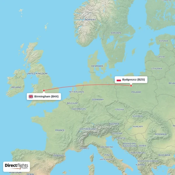 Bydgoszcz - Birmingham direct flight map