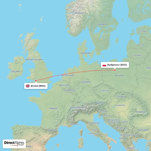 Bydgoszcz - Bristol direct flight map