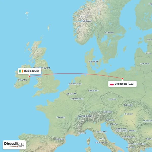 Bydgoszcz - Dublin direct flight map