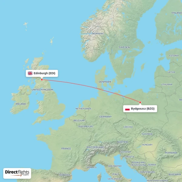 Bydgoszcz - Edinburgh direct flight map