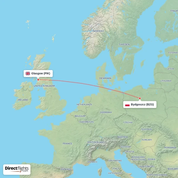 Bydgoszcz - Glasgow direct flight map