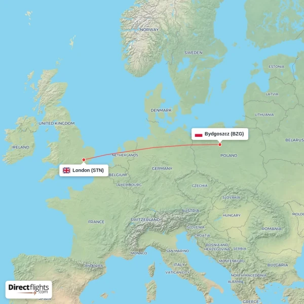 Bydgoszcz - London direct flight map