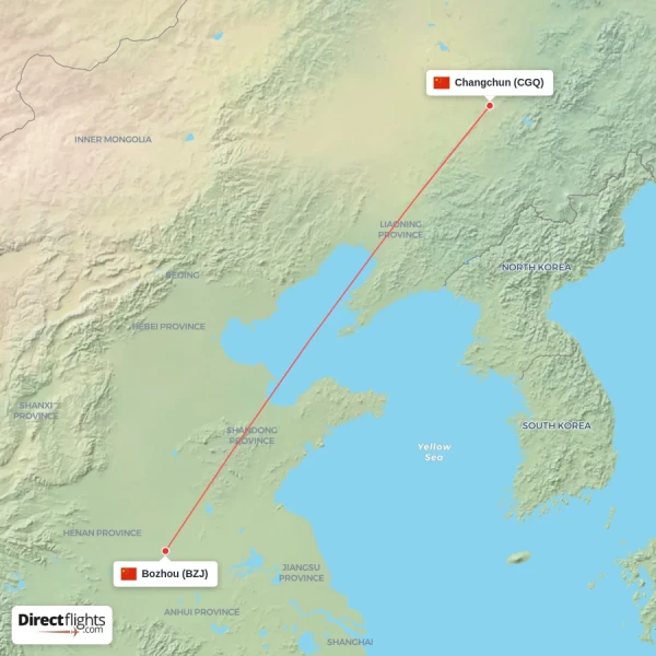 Bozhou - Changchun direct flight map
