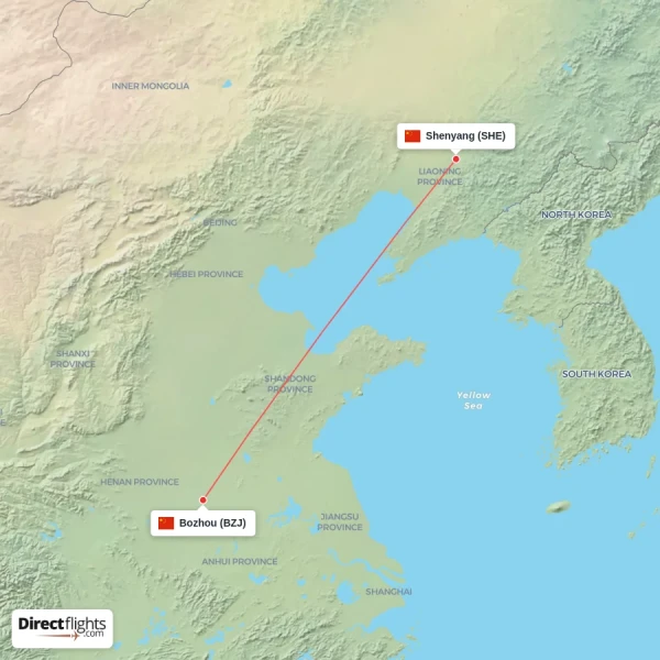 Bozhou - Shenyang direct flight map
