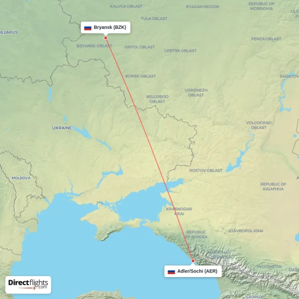 Bryansk - Adler/Sochi direct flight map