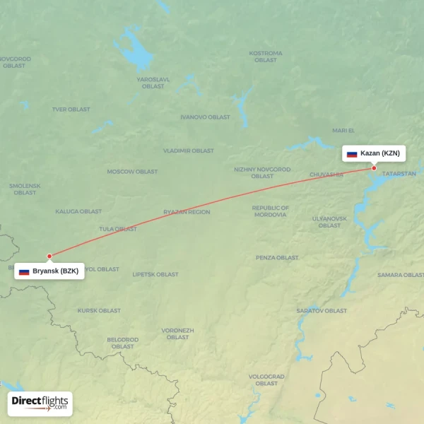 Bryansk - Kazan direct flight map