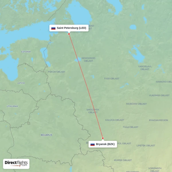 Bryansk - Saint Petersburg direct flight map