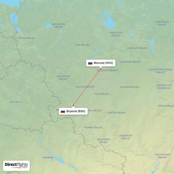 Bryansk - Moscow direct flight map