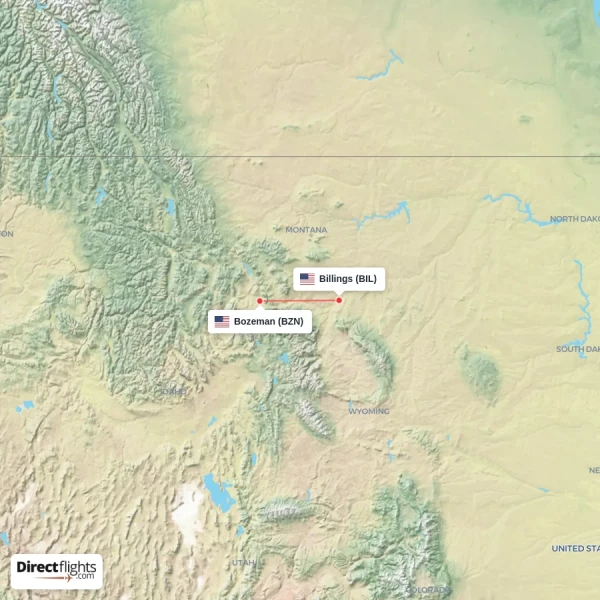 Bozeman - Billings direct flight map