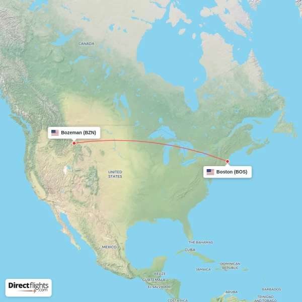 Bozeman - Boston direct flight map