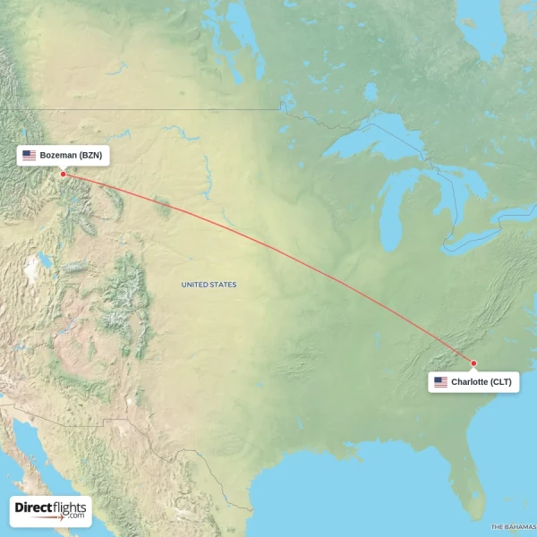 Bozeman - Charlotte direct flight map