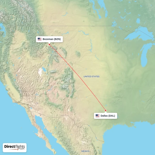 Bozeman - Dallas direct flight map