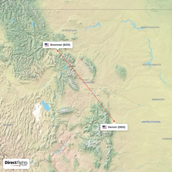 Bozeman - Denver direct flight map
