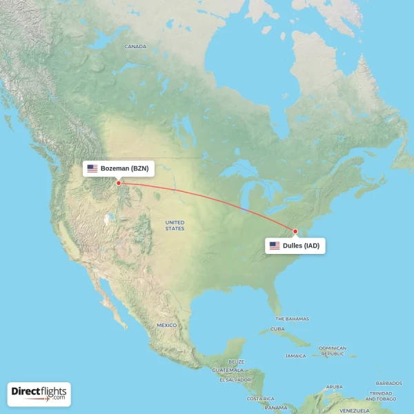 Bozeman - Dulles direct flight map