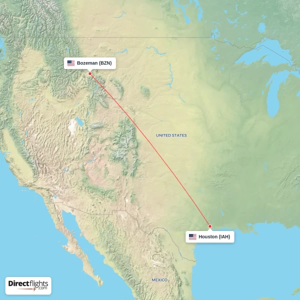 Bozeman - Houston direct flight map