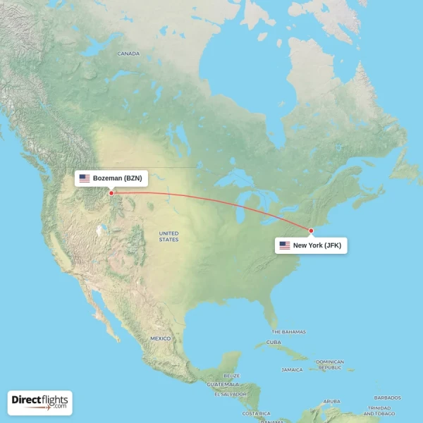 Bozeman - New York direct flight map