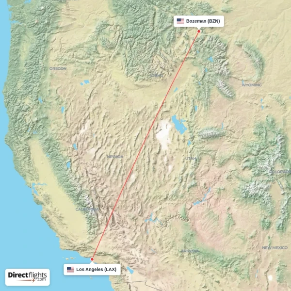Bozeman - Los Angeles direct flight map