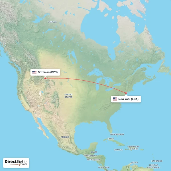 Bozeman - New York direct flight map