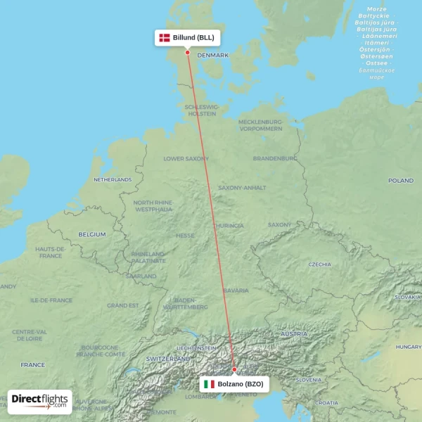 Bolzano - Billund direct flight map
