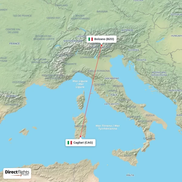 Bolzano - Cagliari direct flight map