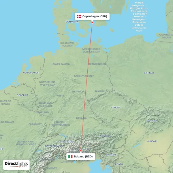 Bolzano - Copenhagen direct flight map
