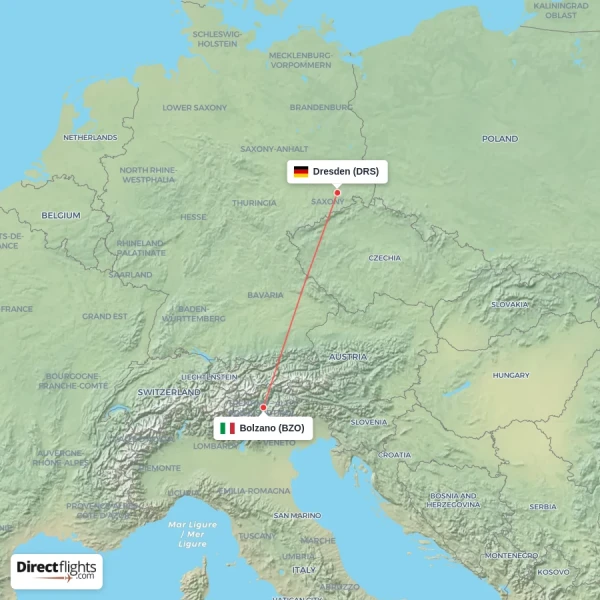 Bolzano - Dresden direct flight map