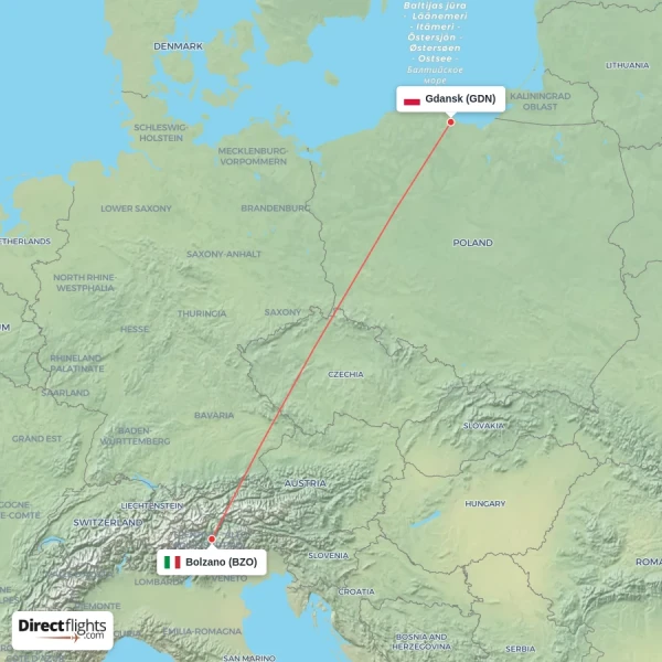 Bolzano - Gdansk direct flight map