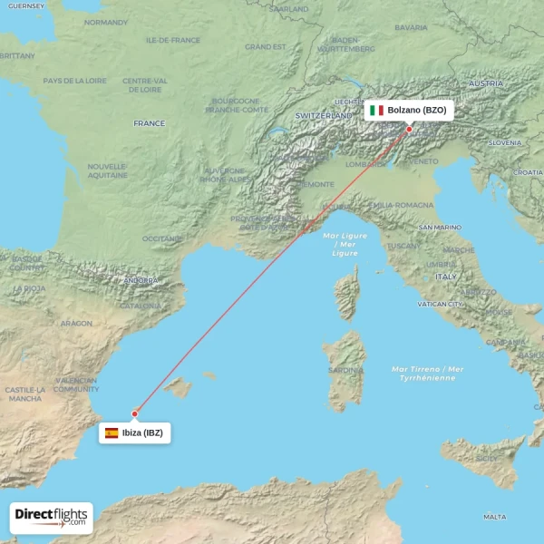 Bolzano - Ibiza direct flight map