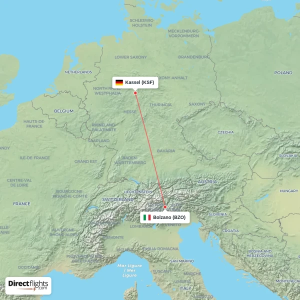 Bolzano - Kassel direct flight map