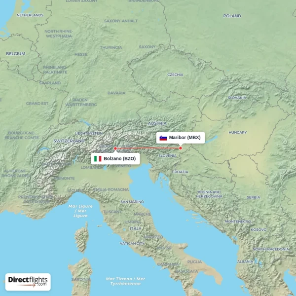 Bolzano - Maribor direct flight map