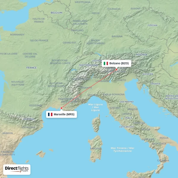Bolzano - Marseille direct flight map