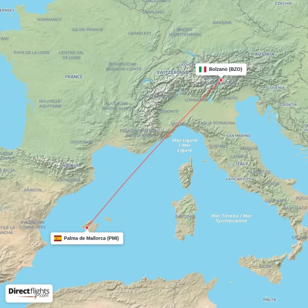 Bolzano - Palma de Mallorca direct flight map