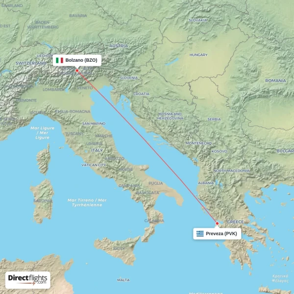 Bolzano - Preveza direct flight map
