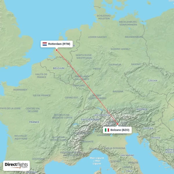 Bolzano - Rotterdam direct flight map