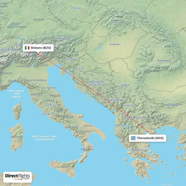 Bolzano - Thessaloniki direct flight map