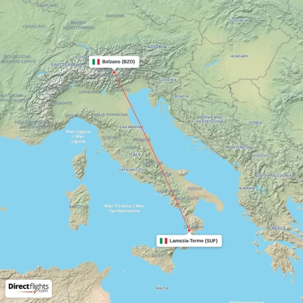 Bolzano - Lamezia-Terme direct flight map