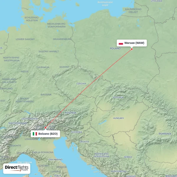 Bolzano - Warsaw direct flight map