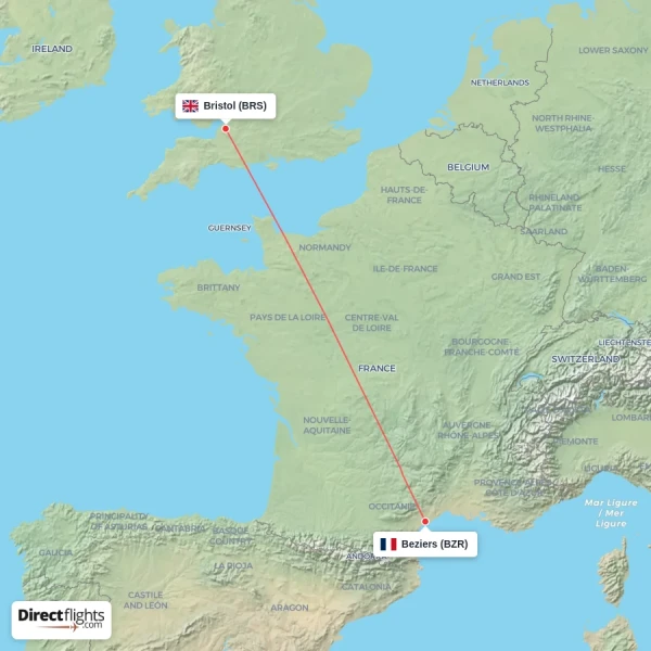 Beziers - Bristol direct flight map