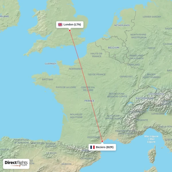 Beziers - London direct flight map