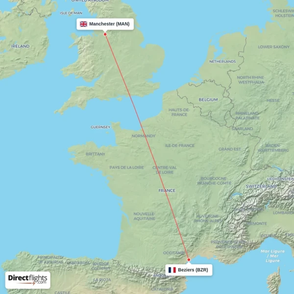 Beziers - Manchester direct flight map
