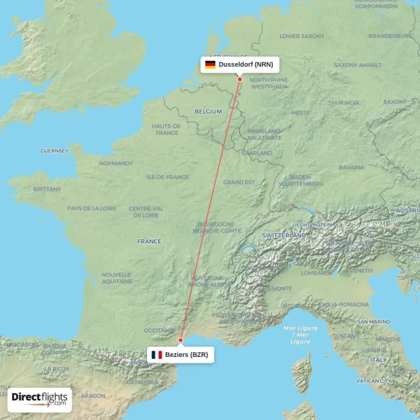 Beziers - Dusseldorf direct flight map