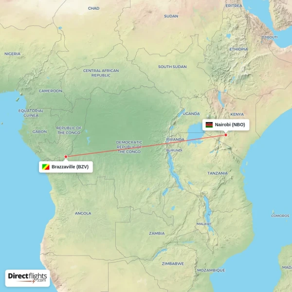 Brazzaville - Nairobi direct flight map