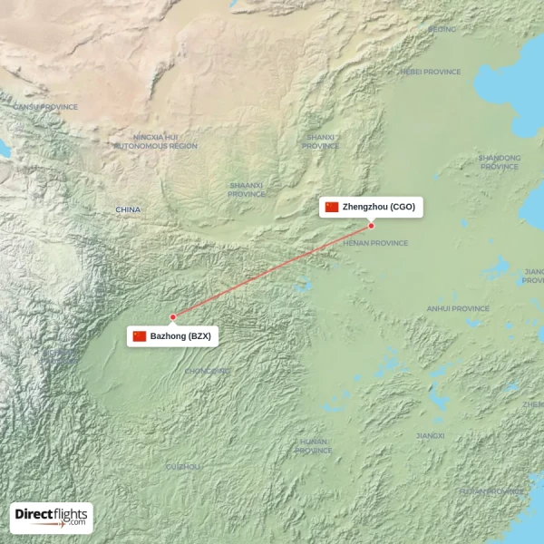Bazhong - Zhengzhou direct flight map