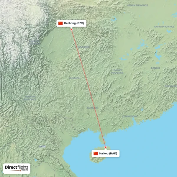 Bazhong - Haikou direct flight map